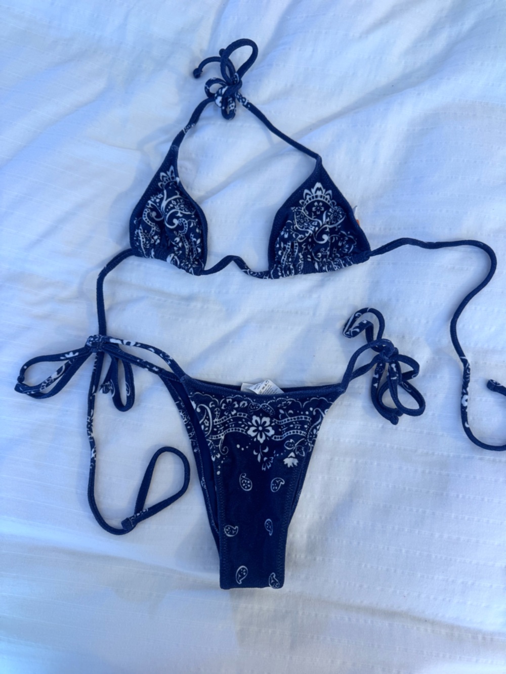 Tropic of C - Navy and White Bandana-Print Triangle Bikini